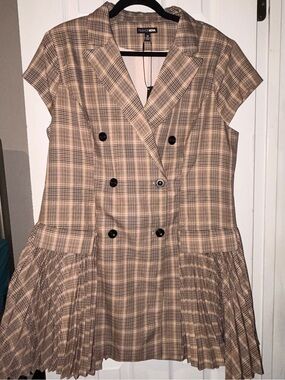 Fashion Nova Tan Plaid Double-Breasted Mini Dress